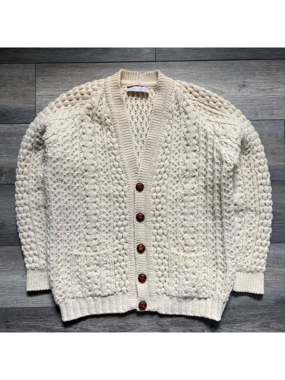 Vintage Men's M/L Cable Knit Cardigan 100% Pure Wool Fisherman Made In Ireland